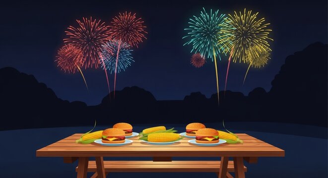 Vibrant backyard illustration features wooden picnic tables laden with burgers and corn while bright fireworks explode in the night sky, cookout, meal, bbq