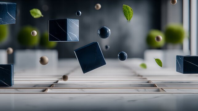 Abstract composition with cubes, spheres and leaves floating in the air, creating a sense of motion and lightness