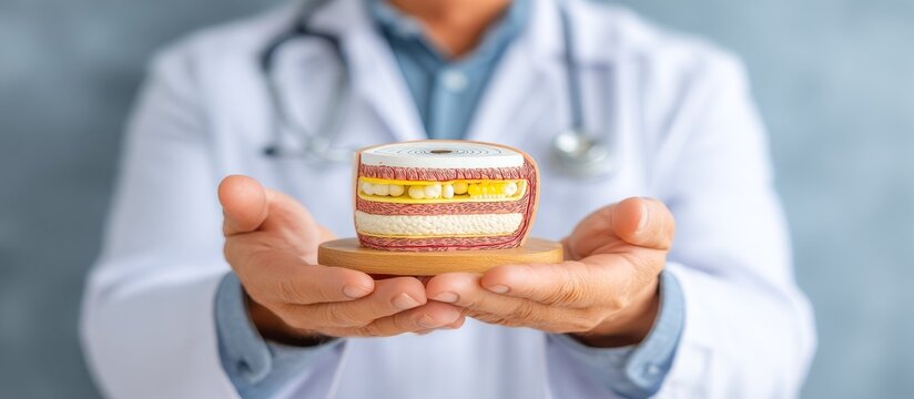 Dentist holding model of teeth.