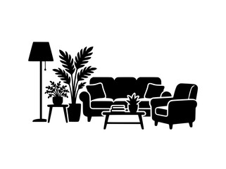 Fototapeta premium Living room furniture silhouette set with sofa, armchair, lamp and plants