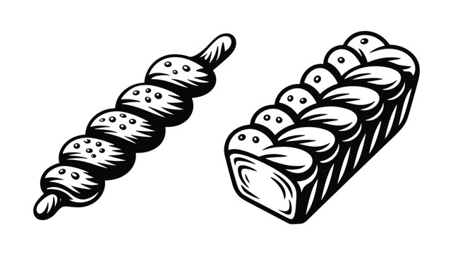 Black and white line art of two different braided bread loaves including a long twist and a rectangular challah shape.