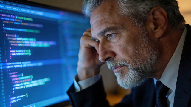 Man in suit analyzing computer code symbolizing digital transformation and future innovation