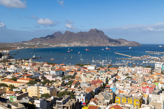 Colourful Rooftops of Mindelo with Harbour and Mountain Views