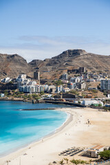 Fototapeta premium Wide Turquoise Bay and Sandy Beach of Mindelo Sao Vicente