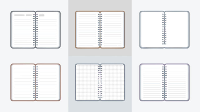 Collection of six open spiral notebooks with different page layouts including lined, blank, and grid paper for organization and creative writing.