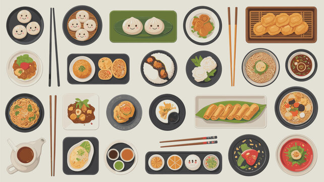 Diverse assortment of traditional Asian cuisine including dumplings, noodles, spring rolls, and various small plates arranged with chopsticks.
