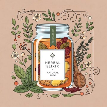 Vintage illustration of herbal elixir bottle with natural herbs.