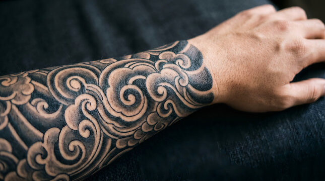 Detailed japanese clouds tattoo on a male forearm