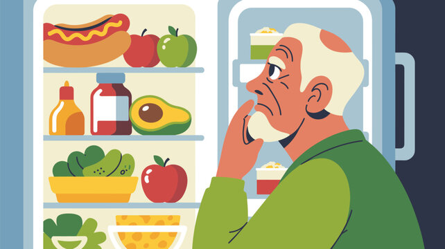 Elderly man looking thoughtfully into an open refrigerator filled with various fresh foods, trying to decide what healthy snack to eat.