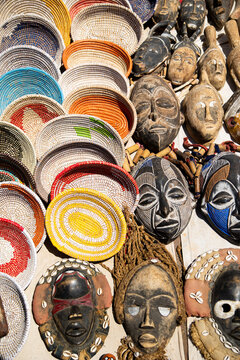 African Crafts Masks and Woven Plates at Cape Verde Market Stall