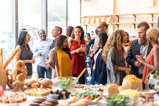 Lively social gathering with food