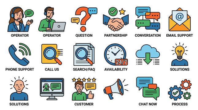 Customer support icons set including phone support call us 24 7 availability