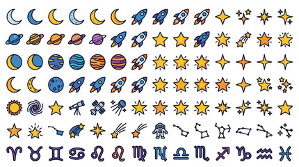 Colorful space icons set with planets moons stars and zodiac signs © ranjeewastock
