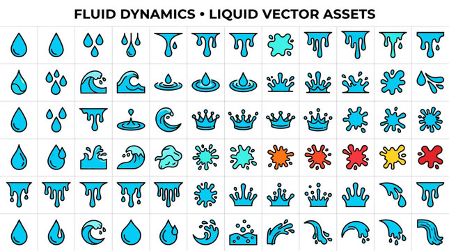 Fluid dynamics liquid vector assets water drop icons