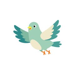 Fototapeta premium Cute Turquoise Flying Bird Vector Illustration, Happy Cartoon Pigeon Spreading Wings, Flat Green Little Dove Clipart for Nursery Design