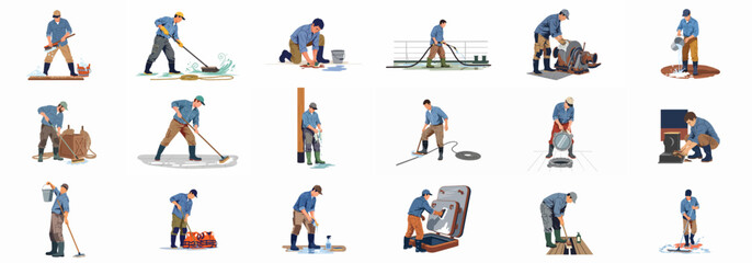 Obraz premium Collection of illustrations showing maritime workers performing various cleaning and maintenance tasks on a ship deck, including scrubbing, mopping, and equipment upkeep.