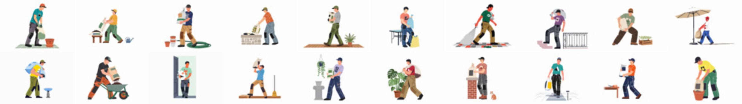 Collection of flat illustrations showing men performing various gardening and landscaping tasks, including lifting bags of soil and planting.