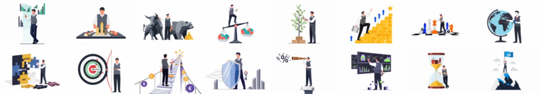 A comprehensive set of business and investment metaphors featuring a professional businessman managing global markets, stocks, real estate, and financial growth strategies.
