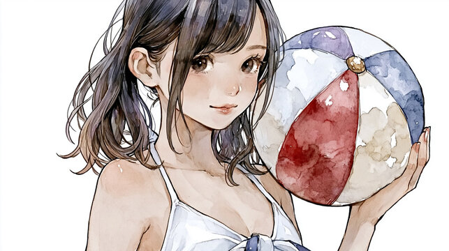 Watercolor anime girl with beach ball on white background, summer lifestyle concept with copy space