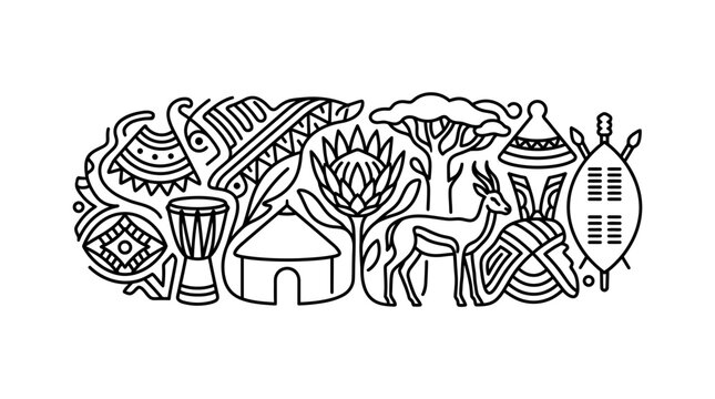 A detailed black and white line art illustration featuring iconic South African cultural and natural symbols.