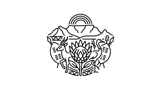 Minimalist line art illustration of the South African coat of arms emblem.