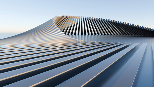 Abstract 3D render of twisted metallic geometric wave structure on reflective surface. Ideal for corporate presentation headers, tech website banners, and modern architectural backdrops