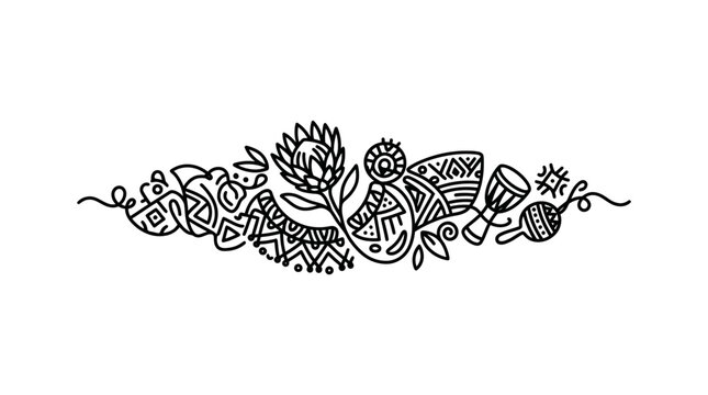Hand drawn tribal style decorative border with protea flower and musical instruments.