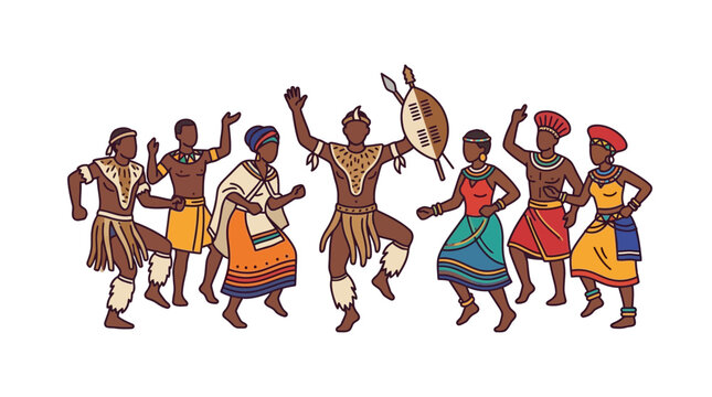 Group of African people performing a traditional tribal dance in colorful cultural attire.