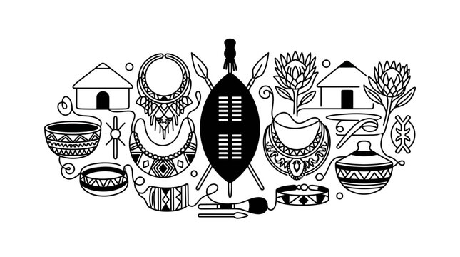 Black and white illustration of traditional South African cultural symbols and artifacts.