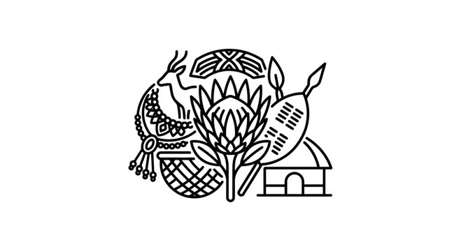 A detailed black and white line art illustration featuring South African cultural symbols.