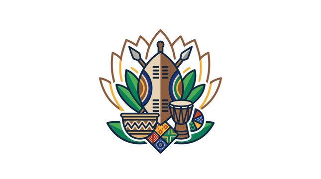Colorful African cultural emblem featuring traditional shield spears drum and patterned pottery.