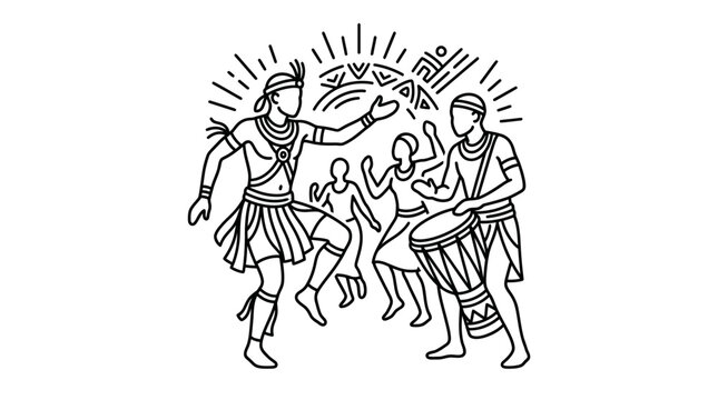 Line art illustration of tribal people dancing and playing drums in a traditional celebration.