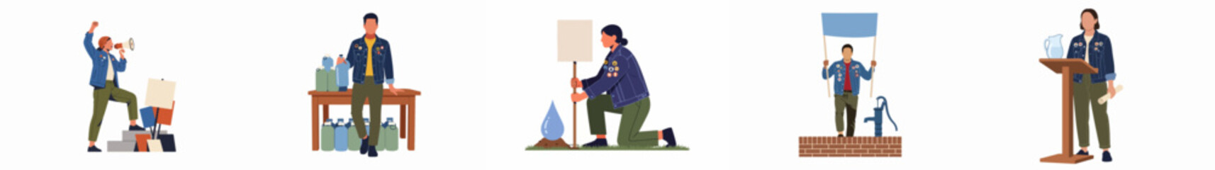 Fototapeta premium Collection of illustrations showing diverse activists advocating for clean water access, conservation, and environmental rights through protests, speeches, and community action.