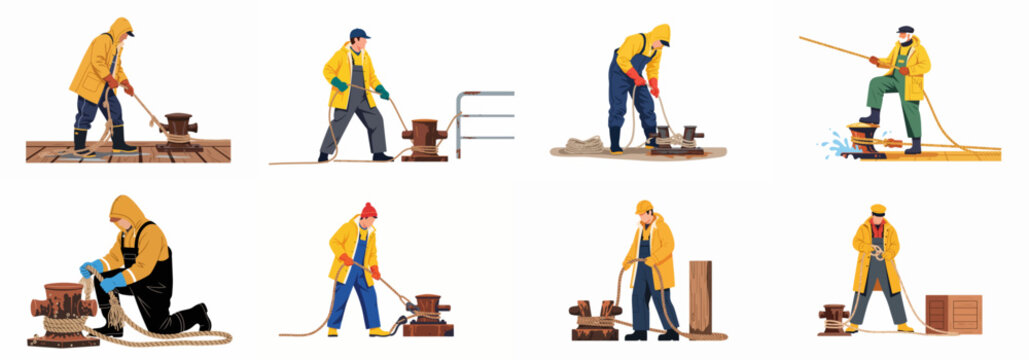 Set of professional fishermen and dockworkers in yellow raincoats performing mooring tasks with ropes and bollards on a white background.