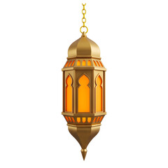 Obraz premium Golden Islamic lantern with orange glow hanging on a chain