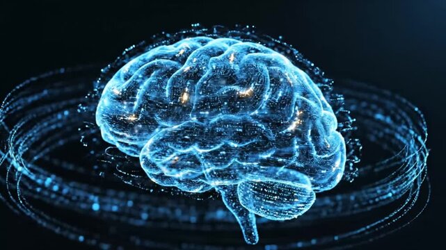 Digital blue glowing human brain with neural network.