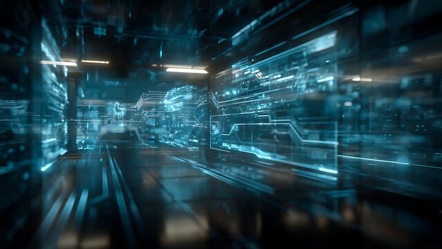 Abstract blue digital binary code data flow visualization.