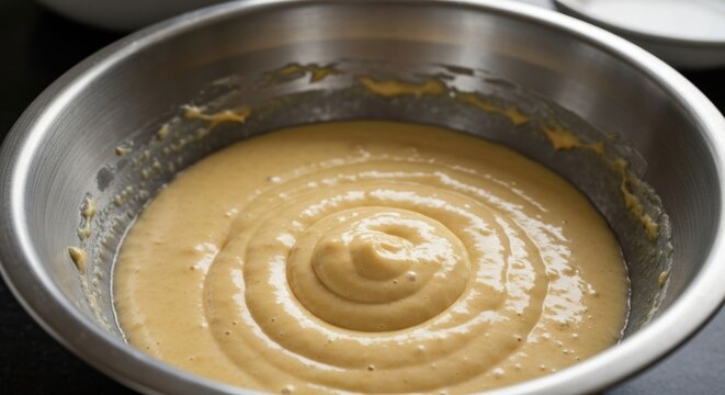 Close-up of Cake Batter in a Stainless Steel Bowl.