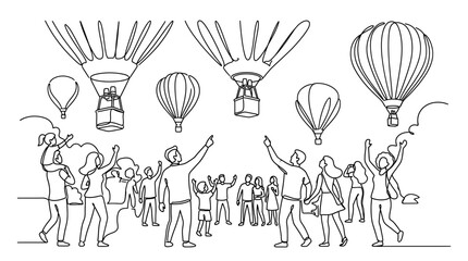 Obraz premium Group of people watching hot air balloons in the sky.