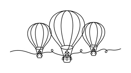 Continuous line drawing of three hot air balloons floating in the sky. © Kamsiyah_Bintimawadi