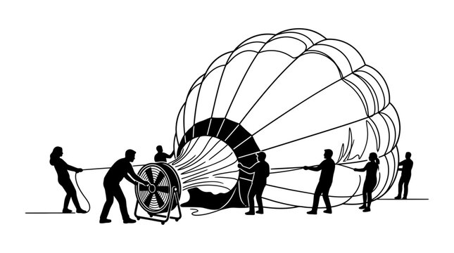 A team of people working together to inflate a large hot air balloon.