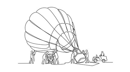 A continuous line drawing of a hot air balloon being prepared for flight by a ground crew. © Kamsiyah_Bintimawadi