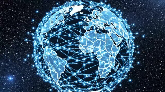 Digital blue world map showing global network connections.