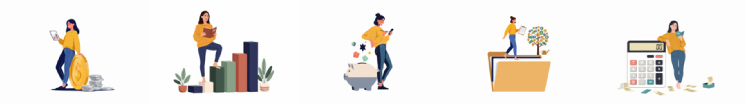 Set of vector illustrations depicting young women managing personal finance, savings, investment, and business growth concepts on a white background.
