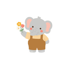 Obraz premium Cute Elephant Wearing Brown Overalls Holding Flowers Vector, Happy Cartoon Baby Elephant Character, Flat Safari Animal Clipart for Greeting Card