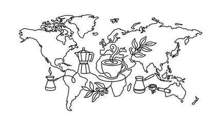 A continuous line drawing of a world map featuring coffee brewing equipment and coffee plants. © Camilia_Deena