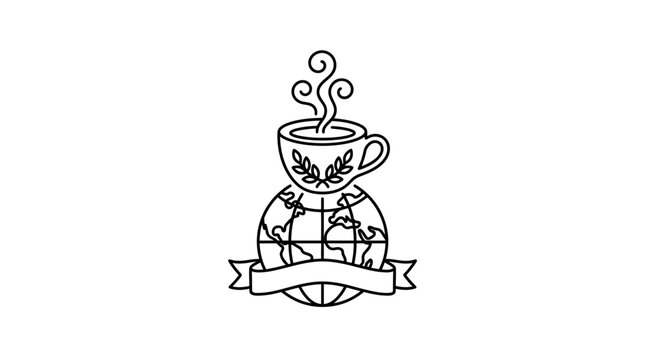 A minimalist line art illustration featuring a steaming coffee cup resting on a globe with a banner.
