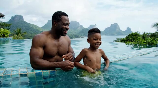 Father and son bonding in infinity pool, surrounded by stunning mountains and lush greenery, creating happiness and lasting memories together