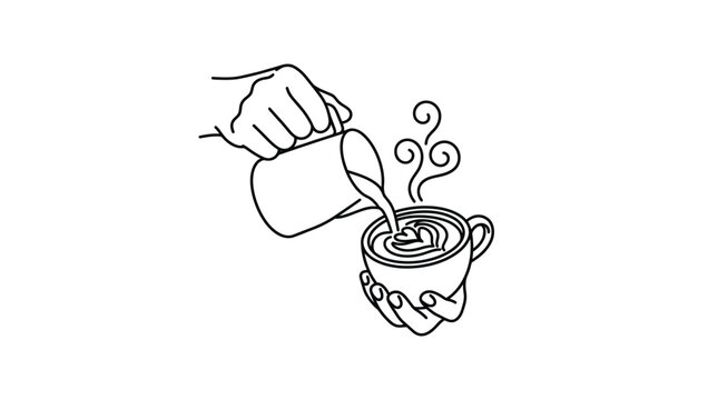 A continuous line drawing of a hand pouring milk into a coffee cup.