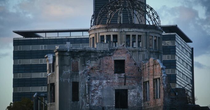Hiroshima Peace Memorial Atomic Bomb Dome at Dusk In Japan - Zoomed In Shot